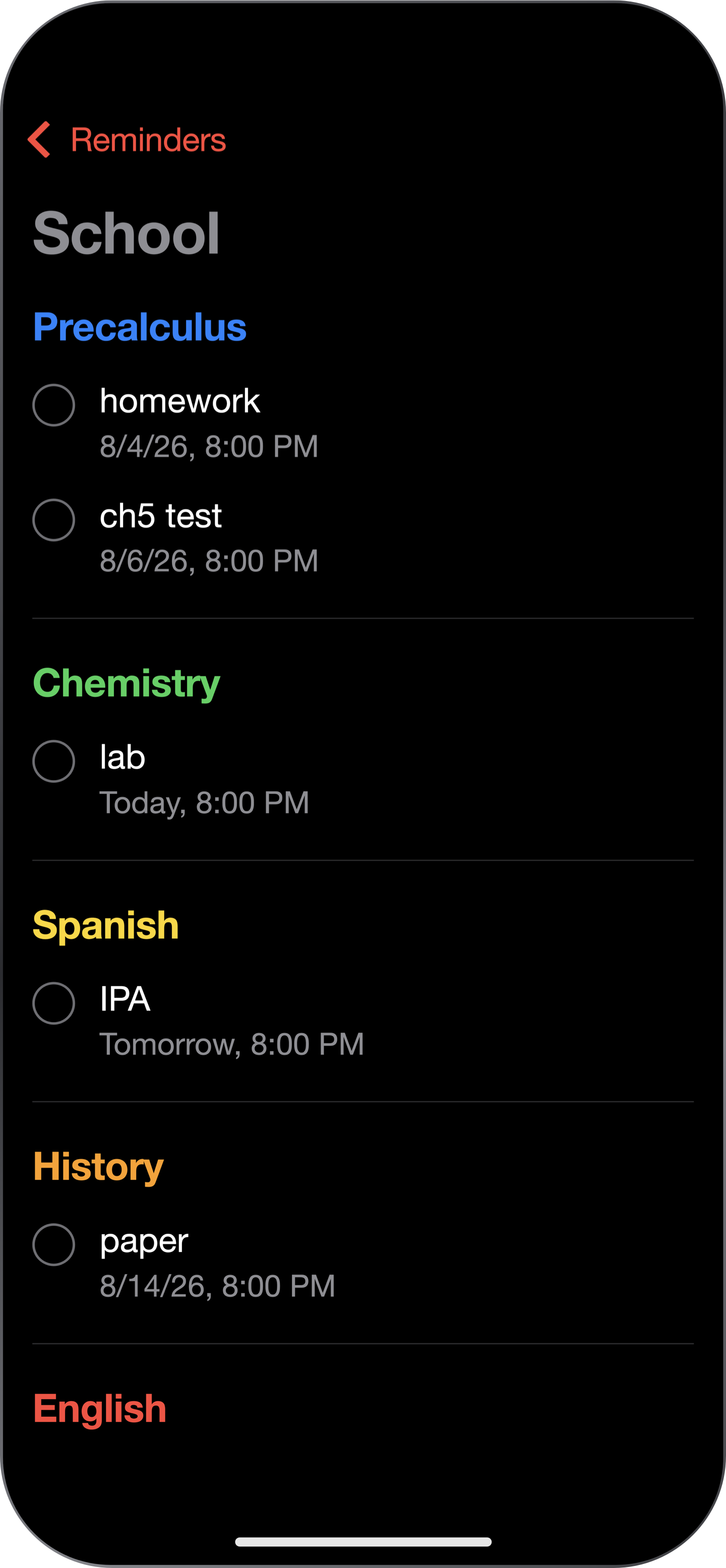 Apple Reminders on iPhone showing classes synced from Docket